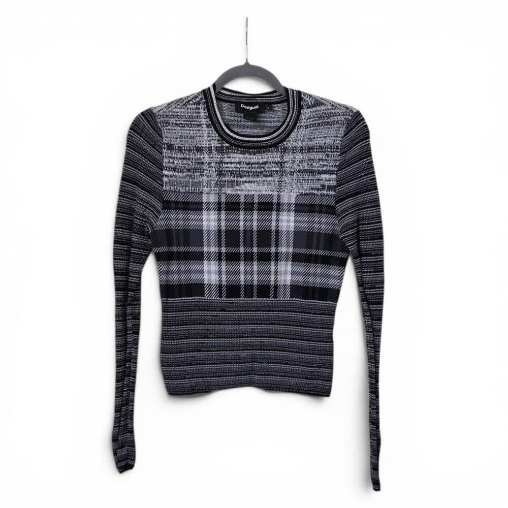 Desigual Black White Plaid Textured Knit Crew Neck Sweater Long Sleeve, Large